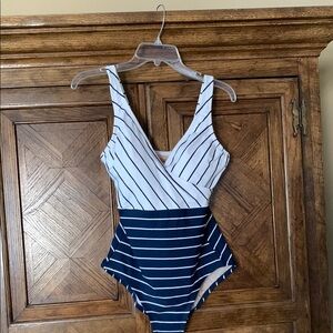 NWT Kona Sol Navy and White Striped One Piece Swimsuit